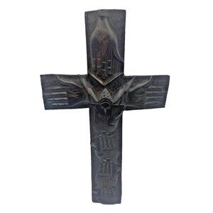 Vintage Handcarved Wood Cross Touching Hands Dove Religious Decor 8" x 5.5" READ